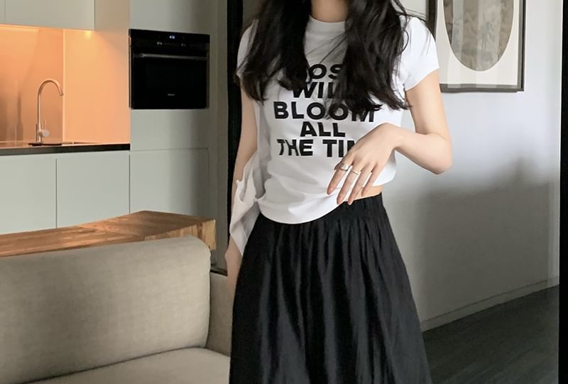 Shirred Midi A-Line Skirt with High Waist