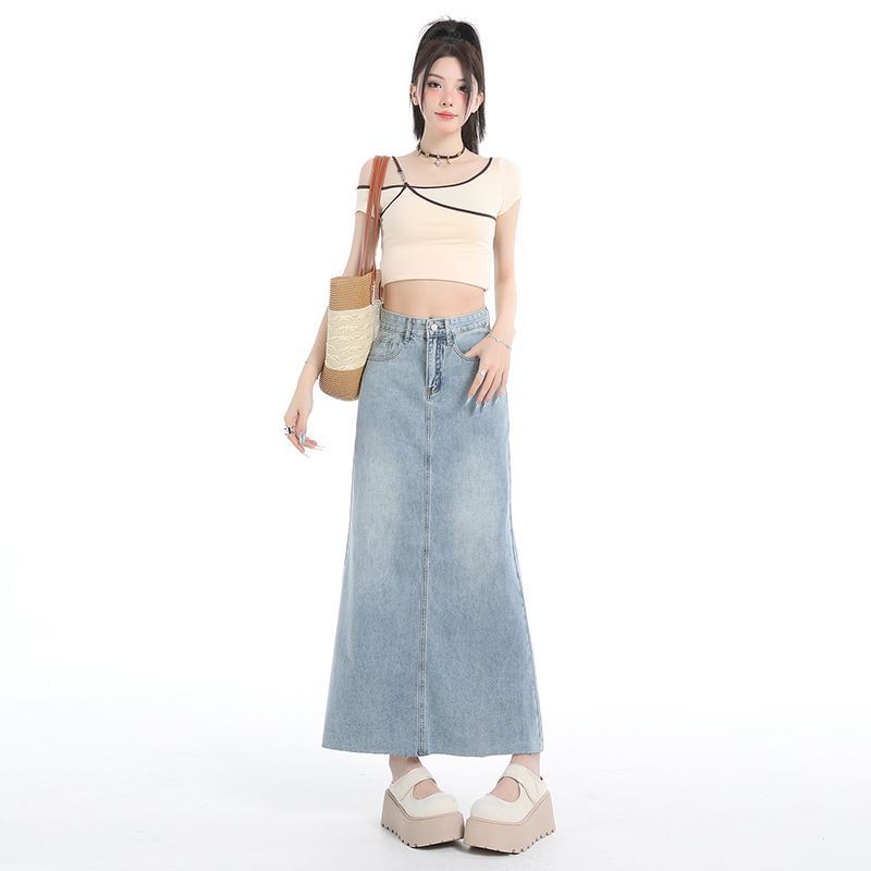 Washed Denim Maxi Flared Skirt