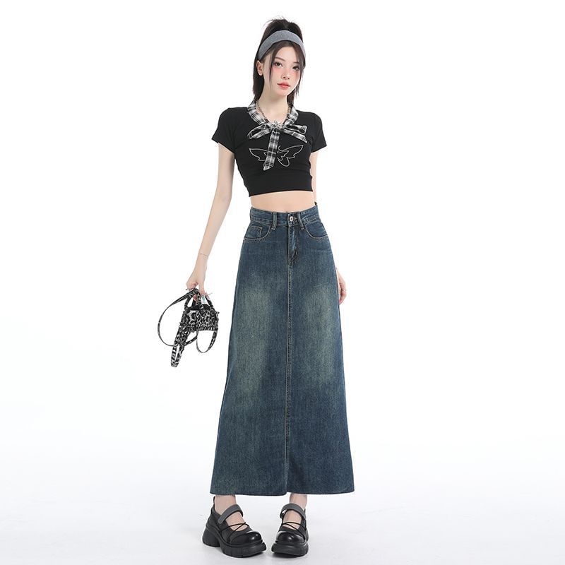Washed Denim Maxi Flared Skirt