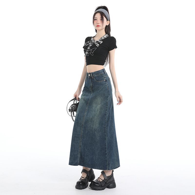 Washed Denim Maxi Flared Skirt