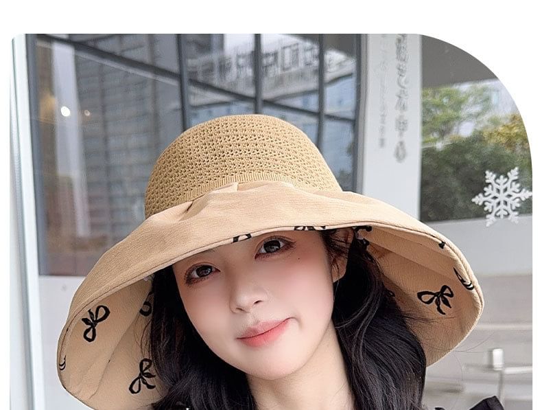 Sun Hat Straw Print Bow