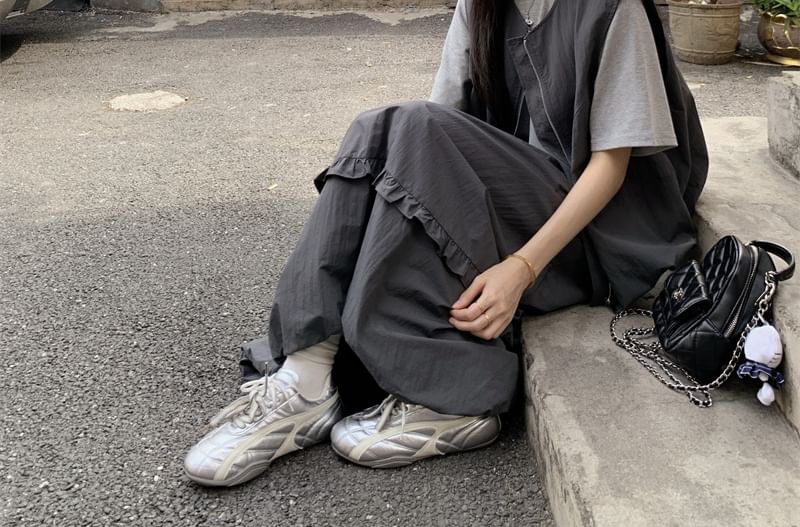 Crew Neck Tee with Zip Vest and Frill Balloon Skirt