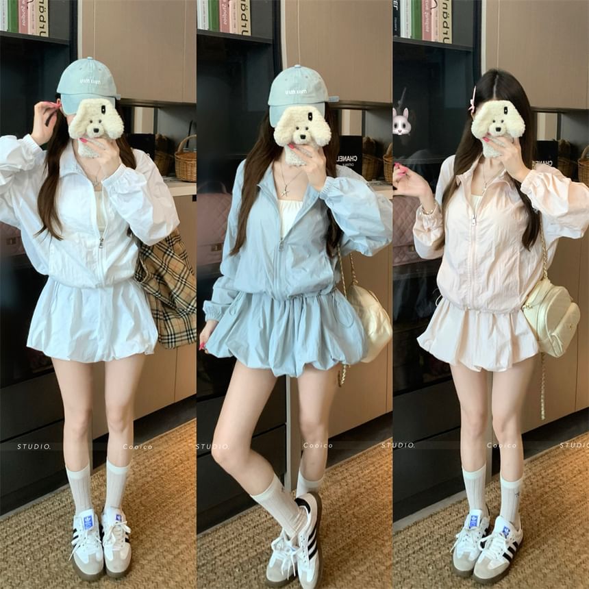 Stand Collar Jacket with Mini Balloon Skirt Set