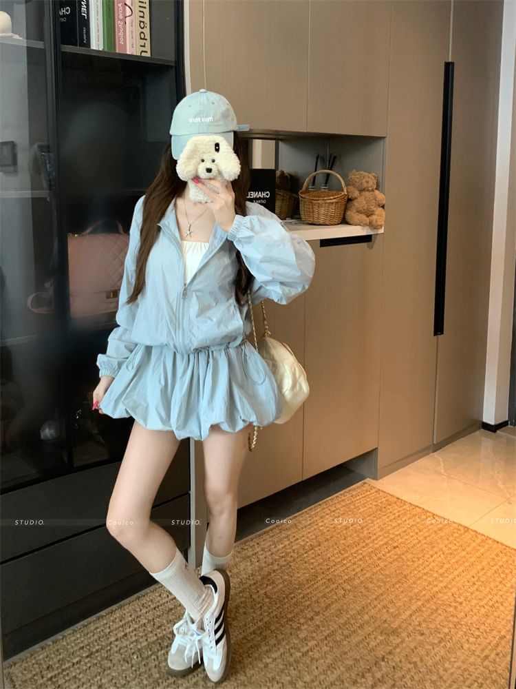 Stand Collar Jacket with Mini Balloon Skirt Set