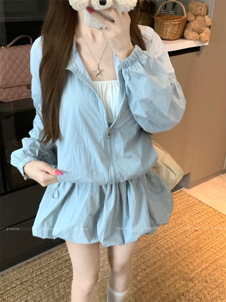 Stand Collar Jacket with Mini Balloon Skirt Set