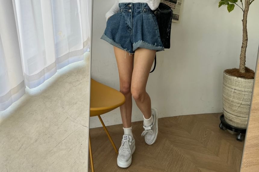 High Waist Frayed Denim Shorts