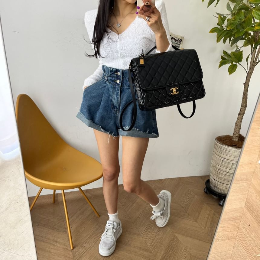 High Waist Frayed Denim Shorts