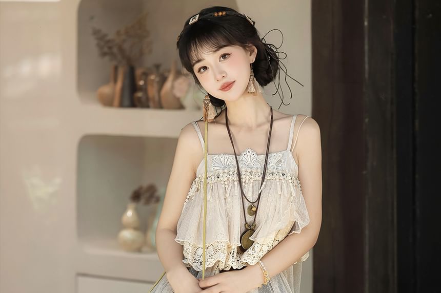 Fringed Cami Top with Ruffled Mini Skirt and Belt Set