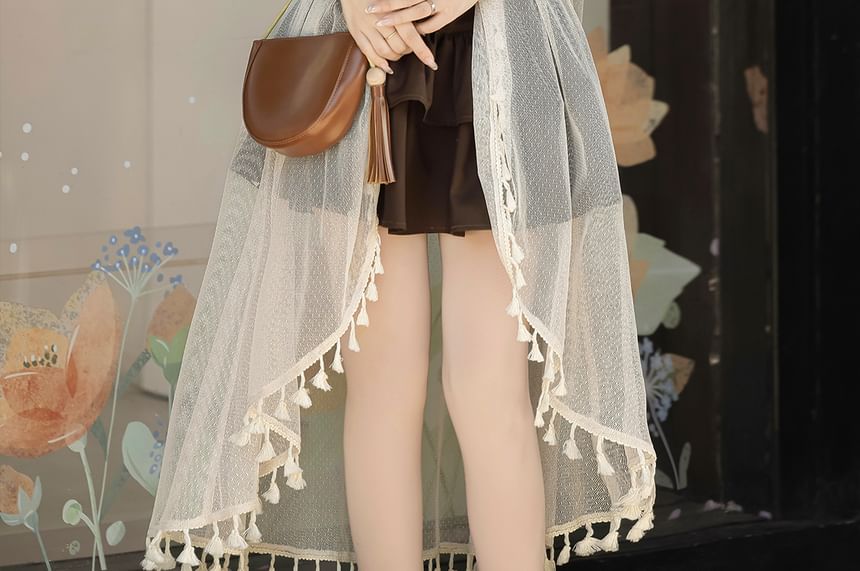 Fringed Cami Top with Ruffled Mini Skirt and Belt Set