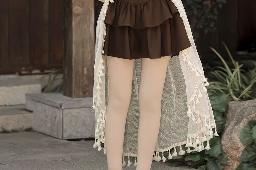 Fringed Cami Top with Ruffled Mini Skirt and Belt Set