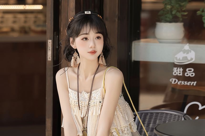 Fringed Cami Top with Ruffled Mini Skirt and Belt Set