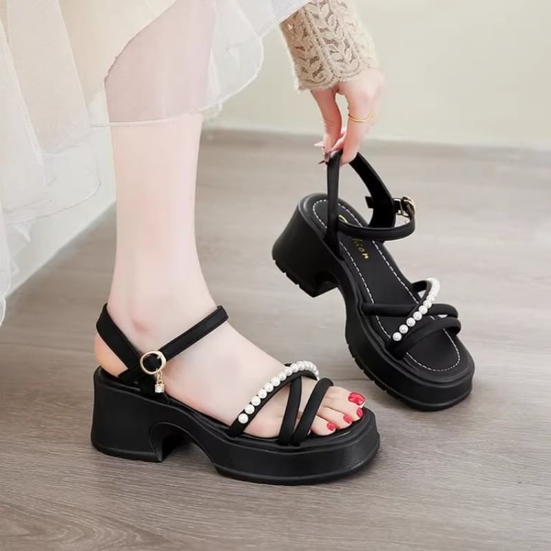 Faux Block Platform Pearl Sandals Heel