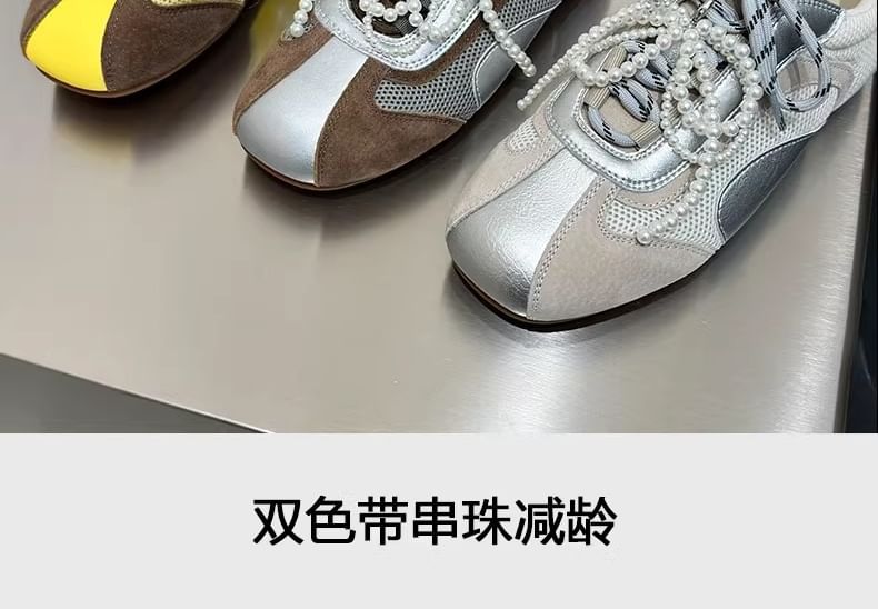 Panel Sneakers Mesh Beaded Bow Square Toe