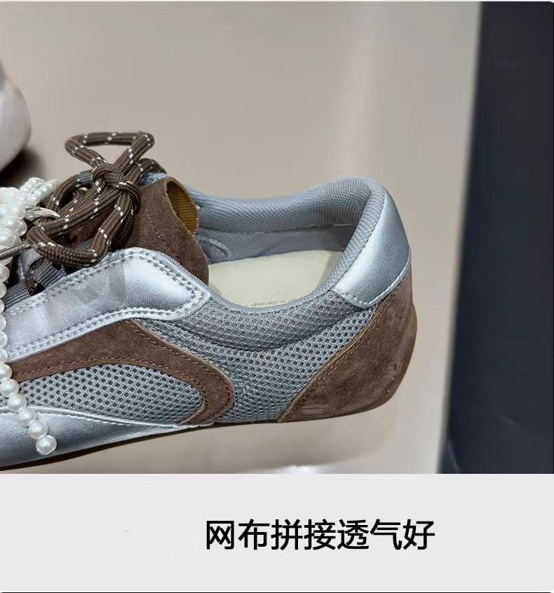 Panel Sneakers Mesh Beaded Bow Square Toe