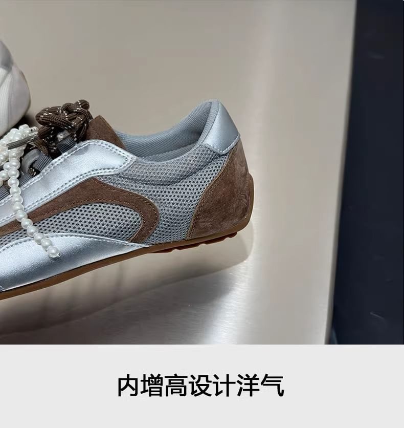 Panel Sneakers Mesh Beaded Bow Square Toe