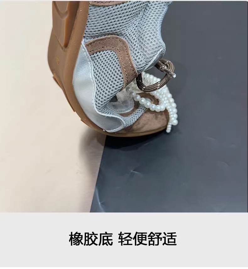 Panel Sneakers Mesh Beaded Bow Square Toe