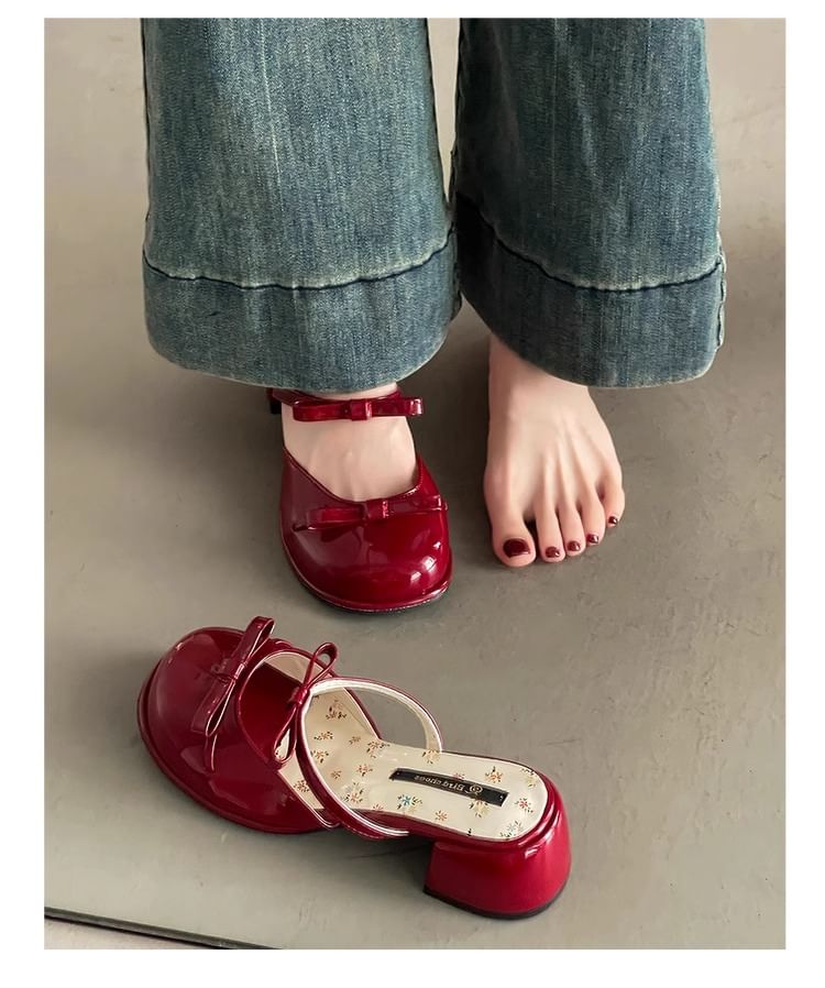 Block Jane Leather Mules Mary Patent Bow Heel