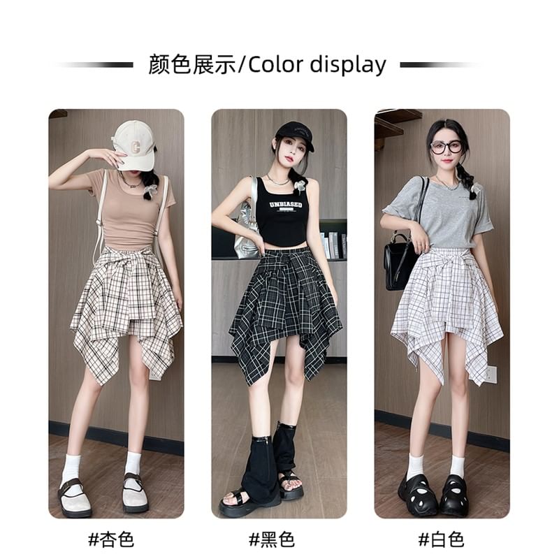 Asymmetrical Tie-Front Mini Skirt with Plaid Pattern