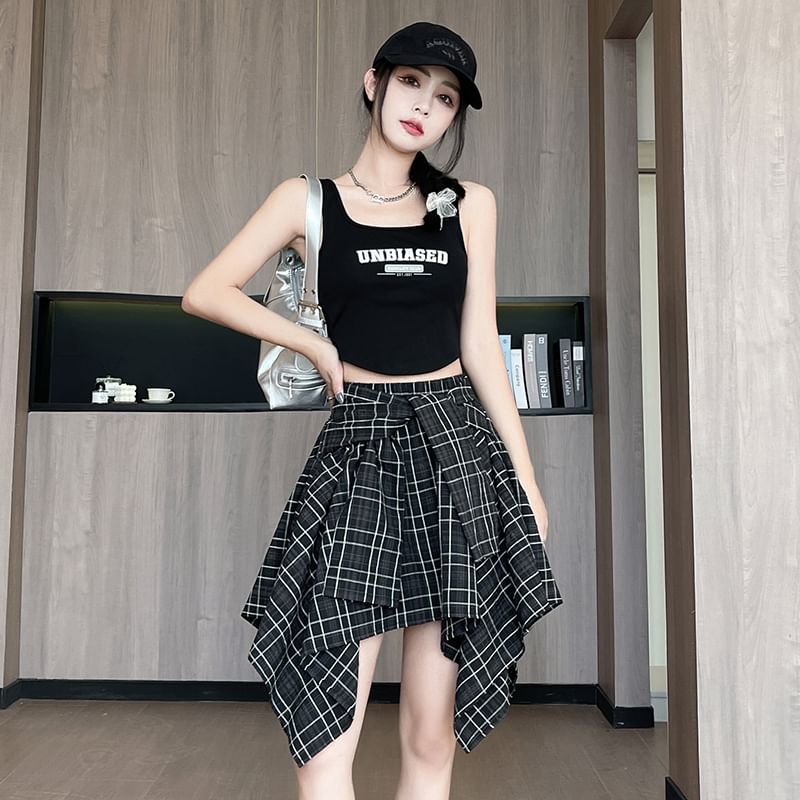 Asymmetrical Tie-Front Mini Skirt with Plaid Pattern