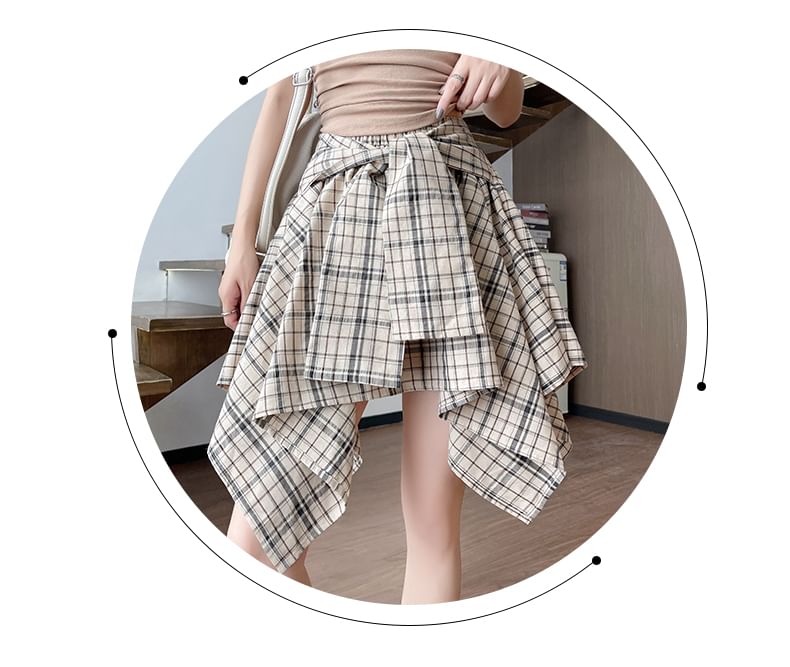 Asymmetrical Tie-Front Mini Skirt with Plaid Pattern