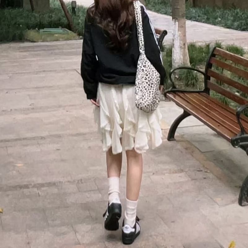 Lace-Trimmed Ruffle Mini Skirt with High Rise