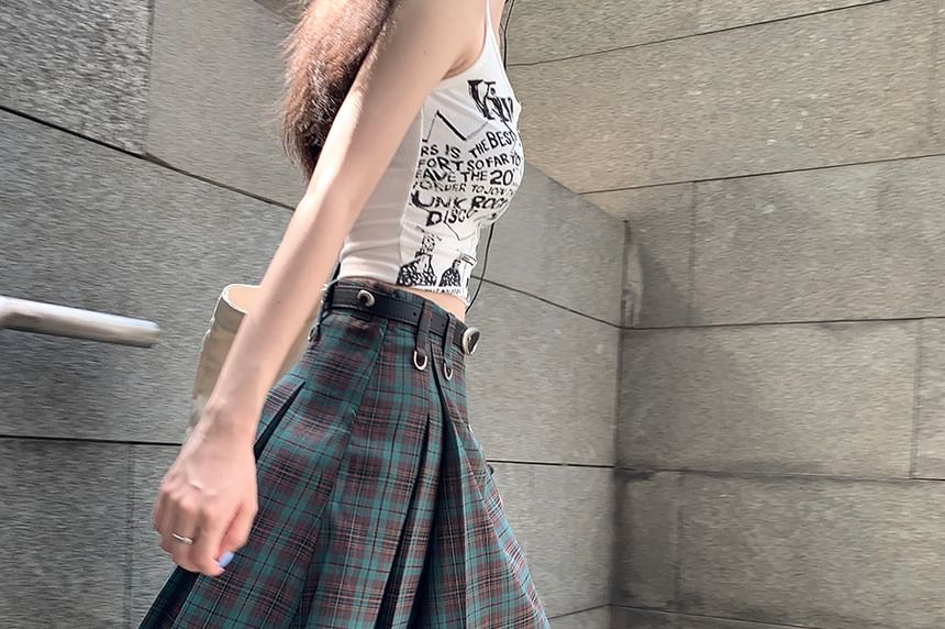 Plaid Midi A-Line Skirt with High Waist