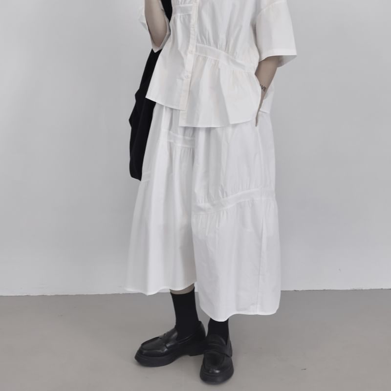 Gathered Midi A-Line Skirt with Drawstring and Plain Fabric