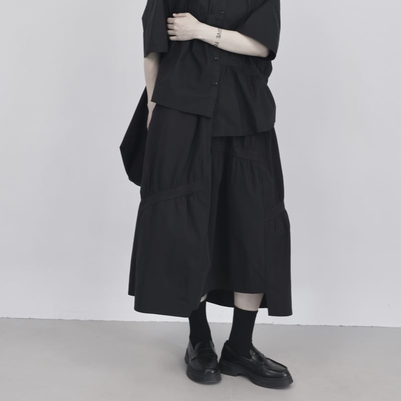 Gathered Midi A-Line Skirt with Drawstring and Plain Fabric