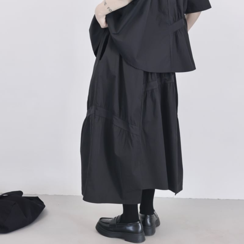 Gathered Midi A-Line Skirt with Drawstring and Plain Fabric