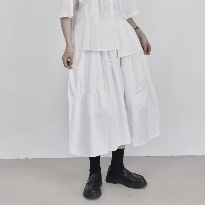 Gathered Midi A-Line Skirt with Drawstring and Plain Fabric