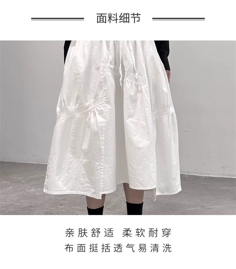 Gathered Midi A-Line Skirt with Drawstring and Plain Fabric