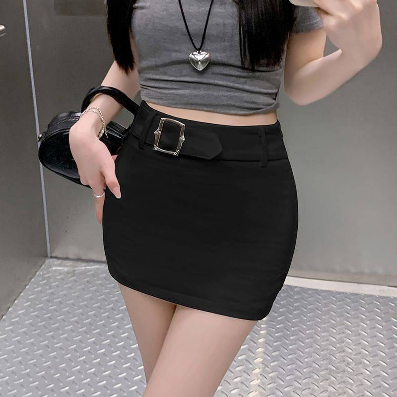 Plain Mini Pencil Skirt with Belt Waist