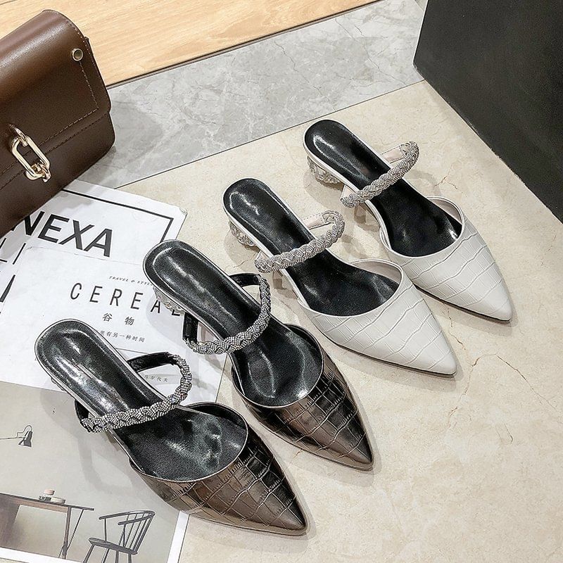 Low Rhinestone Mules Pointed Heel