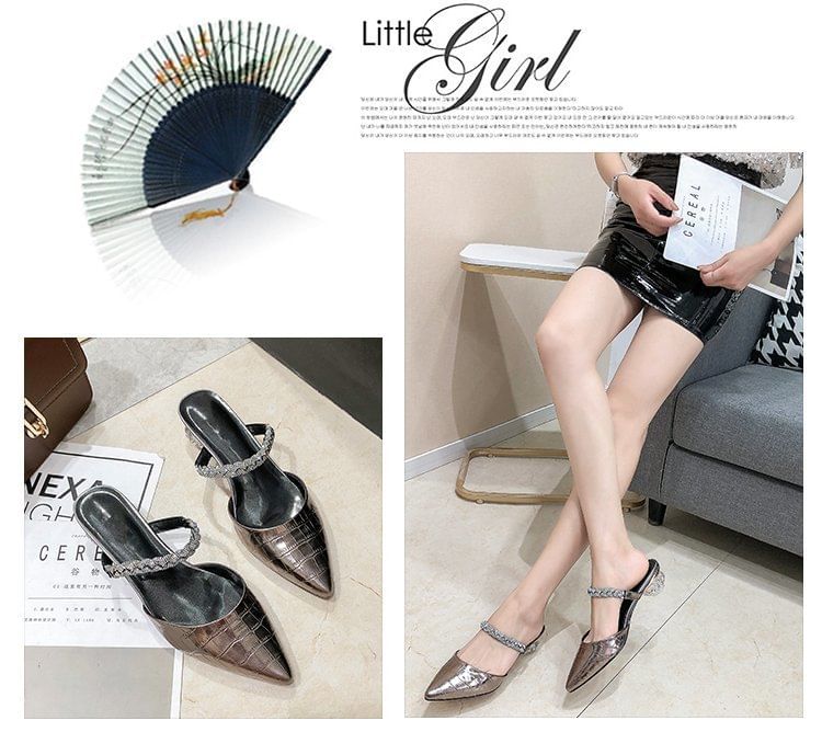 Low Rhinestone Mules Pointed Heel