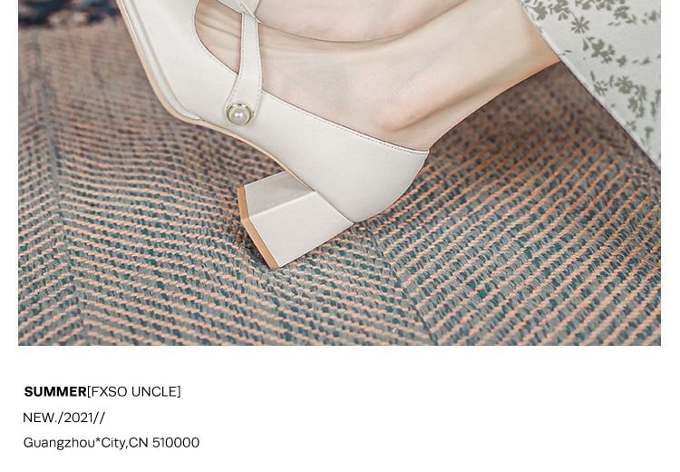 Heel Pumps Faux Pearl Chunky Jane Square Toe Mary