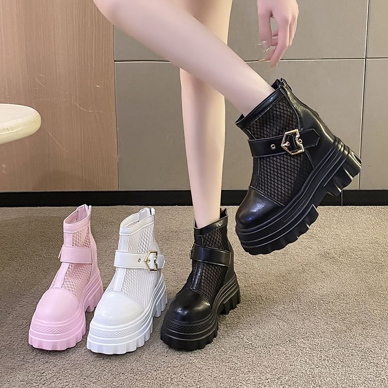 Heel Chunky Short Boots Buckled Platform Mesh Panel