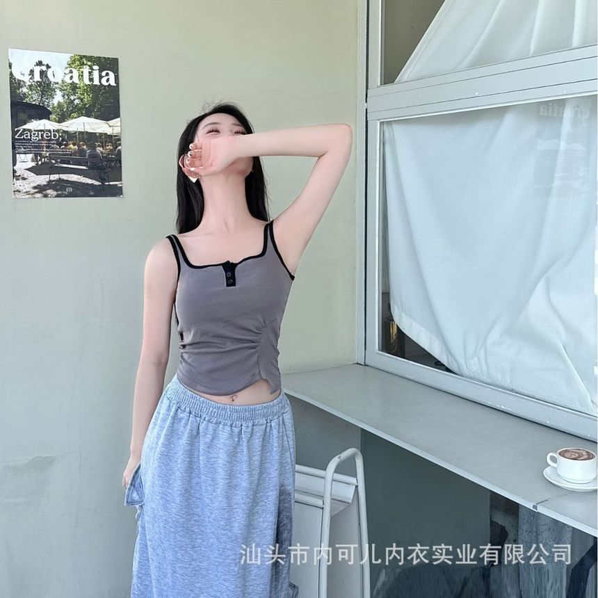 Square Neck Henley Plain Crop Tank Top