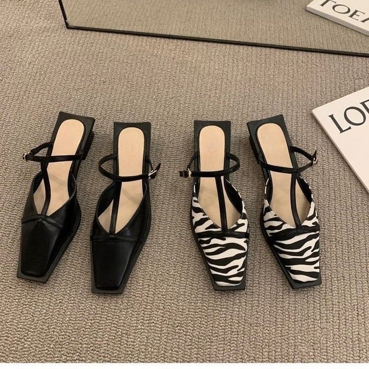 T-Strap Mules Toe Chunky Heel Square