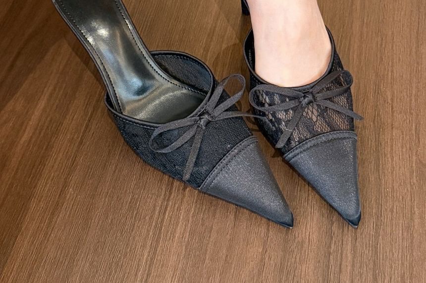 Stiletto Pointed Panel Toe Lace Bow Mules Heel