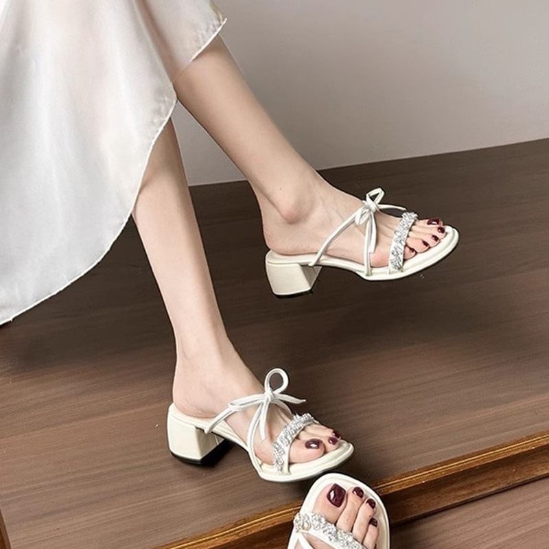 Rhinestone Heel Slide Sandals Chunky Bow