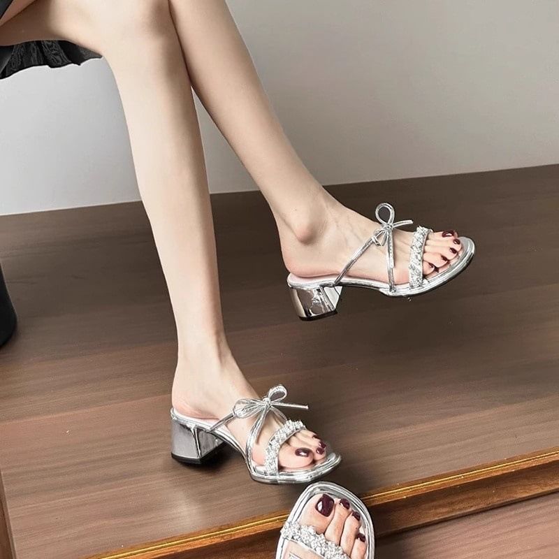 Rhinestone Heel Slide Sandals Chunky Bow