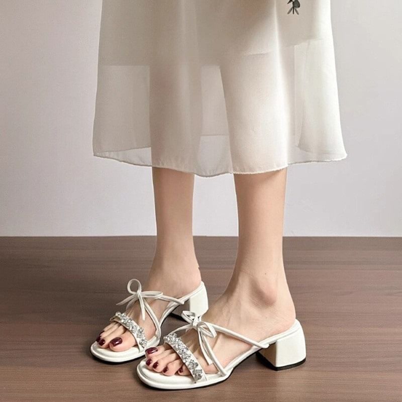 Rhinestone Heel Slide Sandals Chunky Bow