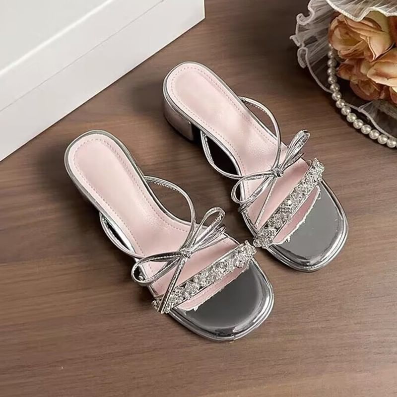 Rhinestone Heel Slide Sandals Chunky Bow
