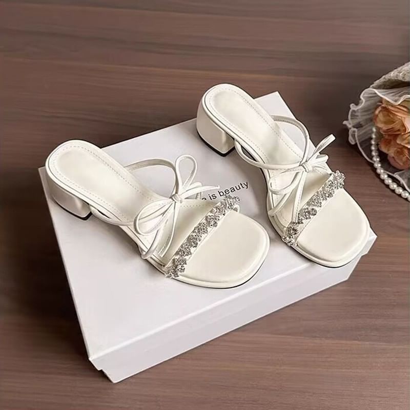 Rhinestone Heel Slide Sandals Chunky Bow