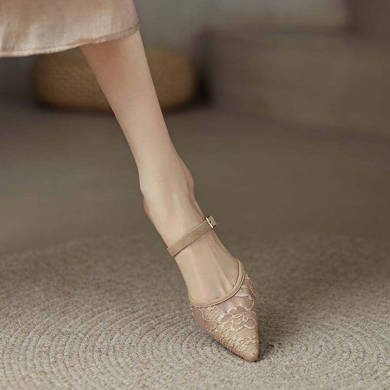 Toe Mules Pointed Kitten Floral Mesh Heel