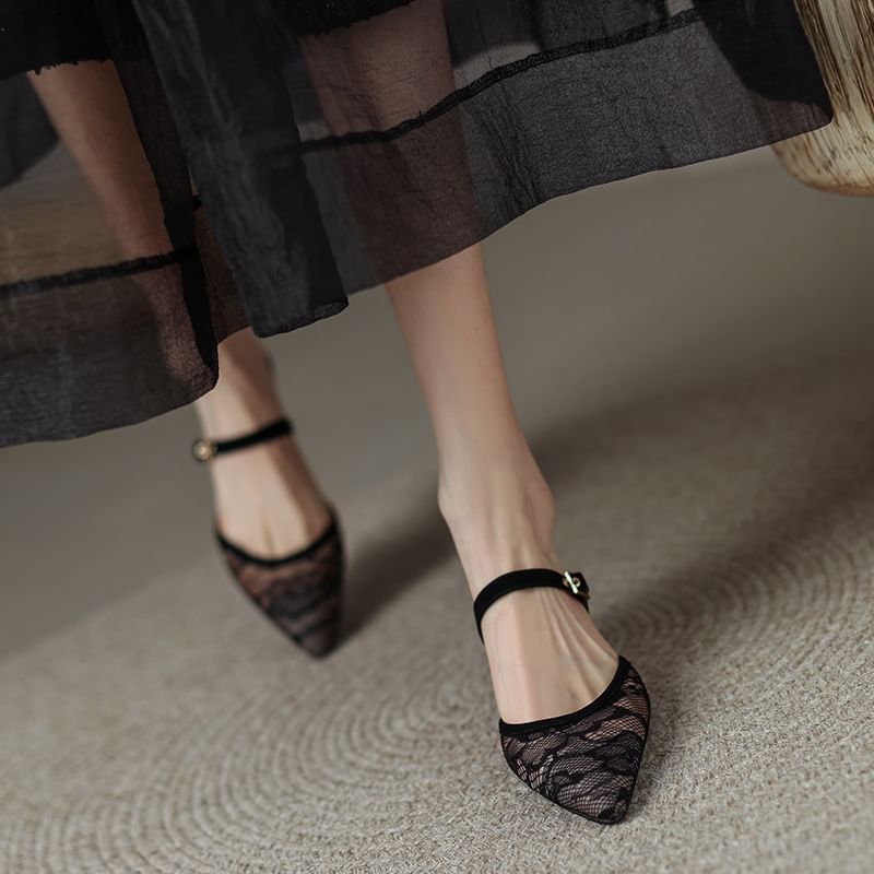 Toe Mules Pointed Kitten Floral Mesh Heel