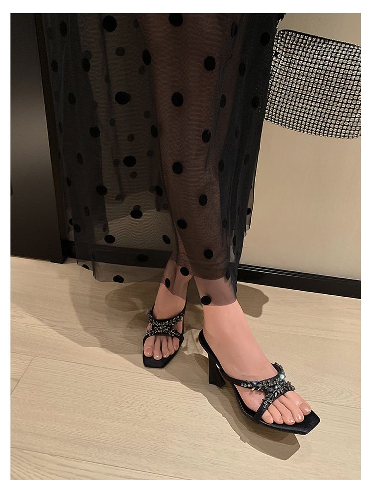 High Heel Slide Sandals Criss Rhinestone Cross