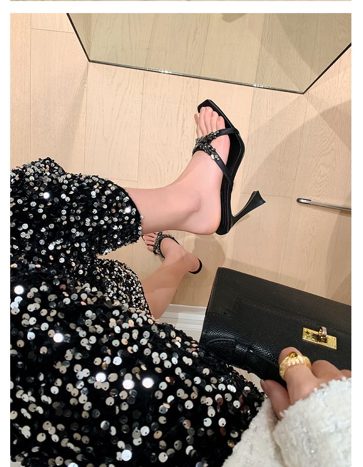 High Heel Slide Sandals Criss Rhinestone Cross