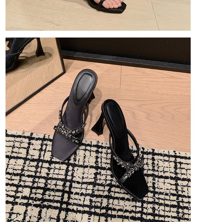 High Heel Slide Sandals Criss Rhinestone Cross