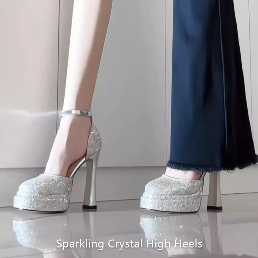 Ankle Pumps Chunky Platform Glitter Heel D'Orsay Strap